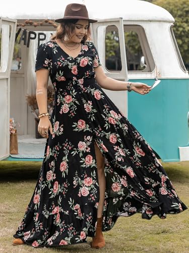 Image of SGF11 Floral Summer Dresses for Women 2026 Design Boho V Neck Short Sleeve Slit Maxi Dress Wear Casual
