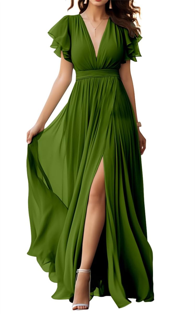 Wseyu Women's Olive Green Bridesmaid Dresses With Flutter Sleeve Pleated A-Line V Neck Long Formal Party Gowns For Wedding Uk18