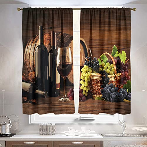 Zokyer Wine Kitchen Curtains Grape Black Brown Burgundy Fruit Glass Cute Women Bottle Rustic Farmhouse Country Romantic 27.5" W X 45" L Window Curtain For Living Room Set 2 Panels Rod Pocket Drapes #TOP6