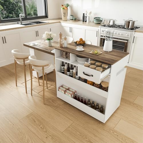 Image of Kitchen Islands with Extendable Dining Table Rolling Islands Power Outlet Mobile Storage Islands Cart on Wheels with Drawers and 2 Side Open Shelves for Dining Room, White