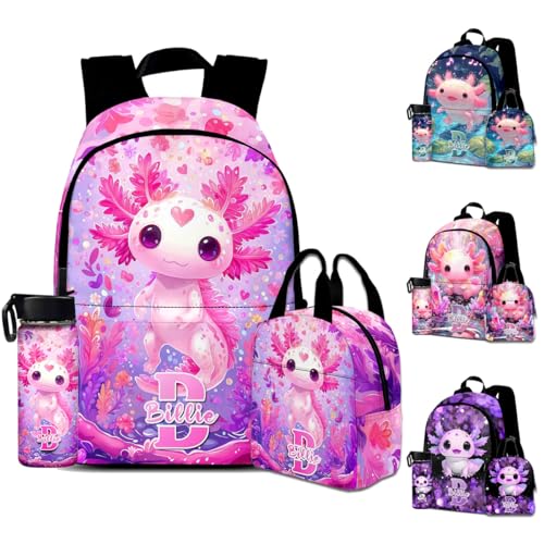 Custom Girls Salamander Backpack Set with Name, Colorful Personalized Preschool Kindergarten School Bookbag & Lunch Box for Kids Travel Picnic, Great Back to School Gift