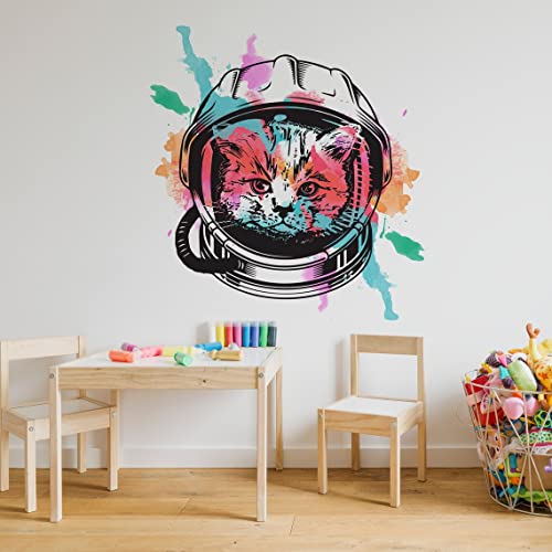 Space Cat Wall Art Decor Transfer Sticker - Funny Astronaut Kitten Decoration Decal - Kid Room Nursery Cute Kitty Vinyl Adhesive Mural (110'' X 110'') #TOP9