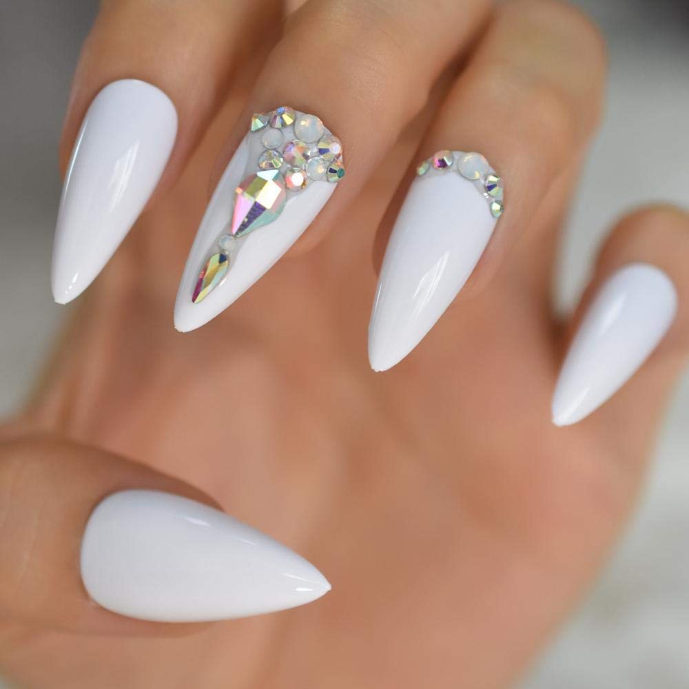 GeRRiT False Nails Glossy Plain White Reusable False Nail 3D Holo Gems Decor Press On Easy Wear Artificial Nails Art Fake Extension Tips