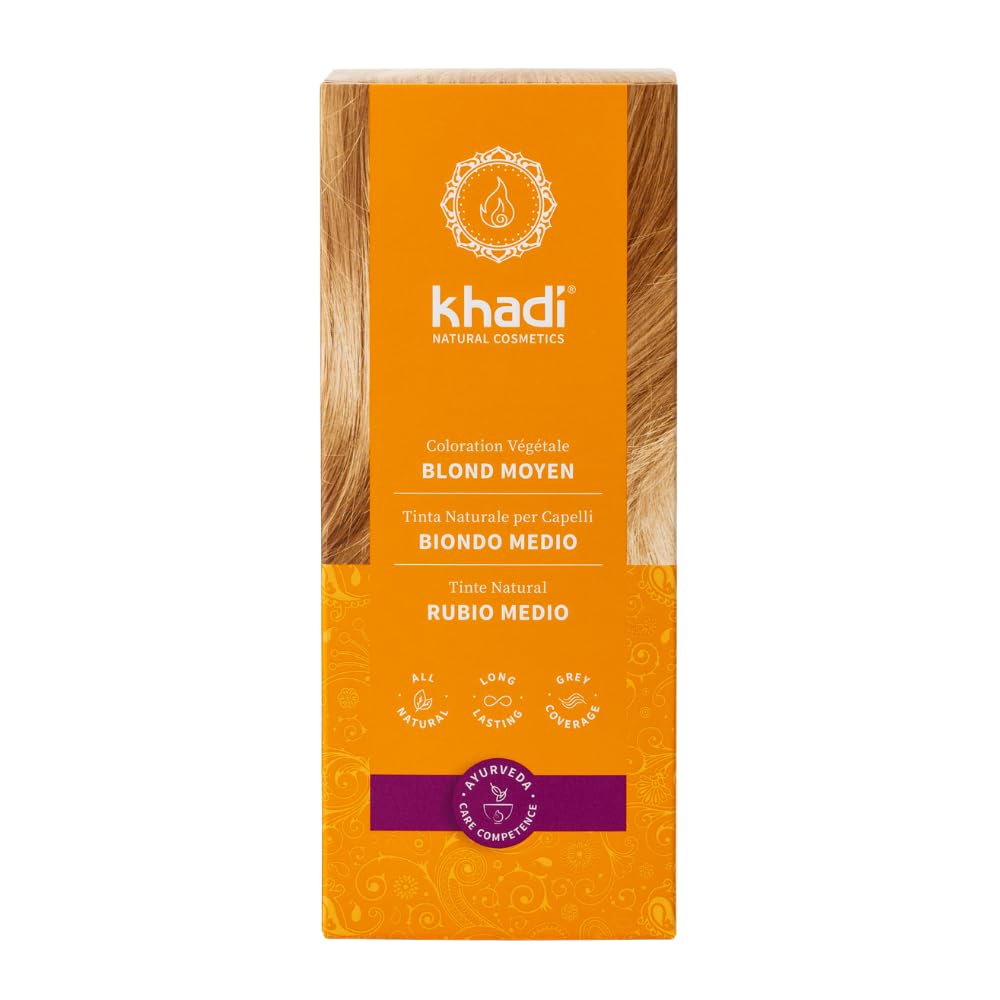 khadi RUBIO MEDIO Tinte vegetal para el cabello - Sumerge tu cabello en un cálido rubio medio con reflejos aterciopelados - 100% vegetal y natural - 100 g