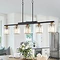 Heircido Kitchen Island Light Fixtures ?5 Lights Black and Gold Chandeliers for Dining Room Over Table, Modern Luxury Crystals Pendant Lighting Hanging