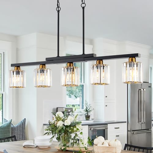 Heircido Kitchen Island Light Fixtures ，5 Lights Black and Gold Chandeliers for Dining Room Over Table, Modern Luxury Crystals Pendant Lighting Hanging