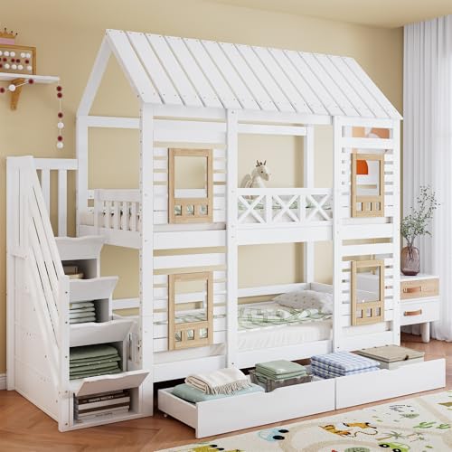 Cama Alta 90x200cm con protección contra caídas Escalera con 4 Compartimentos de Almacenamiento litera con Ventana Dos cajones con Ruedas Cama de casa somier de Listones de Madera Invitados Blanco