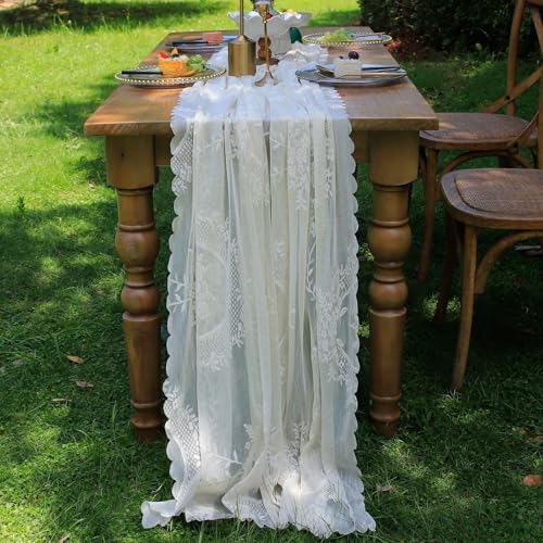 vctops White Lace Table Runner 120 inch 10FT Floral Embroidered Boho Farmhouse Vintage Rustic Table Runners for Wedding Party Baby Shower Birthday Home Decor Holiday Decorations(White,27"x120")
