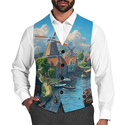 Un Moulin À Zaandam Men's Suit Vests Business Formal Dress V-Neck Waistcoat Tops with 2 Pockets