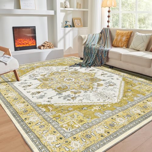OPPODREAM Soft Area Rugs 5x7, 5x7 Washable Rug with Non Slip Backing, 5 x 7 Faux Cashmere Low-Pile Carpet, Yellow