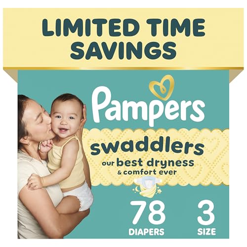 Image of Pampers Swaddlers Diapers, Size 3 (13-26 lbs), 78 Count, Absorbent, Keeps Baby Dry and Comfortable, Skin Safe Disposable Baby Diaper