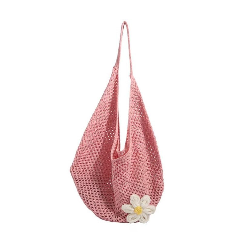 oyosonabymy Crochet Beach Bag Large Tote, beach aesthetic bag,Woven Handbag with Flower Embroidery, Spacious Waterproof Summer Shoulder Bag, Summer Vacation Knitted Bag for Women Shoulder(Pink)-picture-12