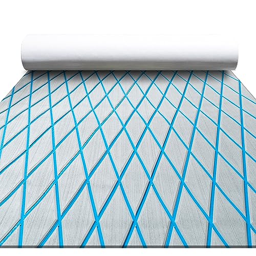 FOCEAN Boat Flooring EVA Foam Boat Decking Marine Mat Non-Slip Self-Adhesive Flooring Sheet for Motorboat Jon Boats Bass Boat Kayak RV Floor, 94.5"'x 15.7'', Grey with Blue Lines