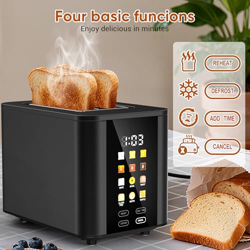 Image of Touch Screen Toaster 2 Slice Black Toaster with Digital Countdown Wide Slot LCD Display 2 Slice Toasters Smart Toasters 6 Shade Settings 6 Bread Type with Reheat /Add Time /Defrost /Cancel Function