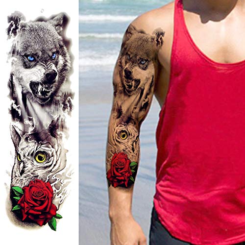 COKTAK 11 Sheets Cool Full Arm Temporary Tattoos For Men Body Sleeve Fake Military Warrior Tattoo Stickers Rose Beast Wolf Lion Tiger Eye Totem Extra Large Tatoos Women Leg Half Armband Animal Adults