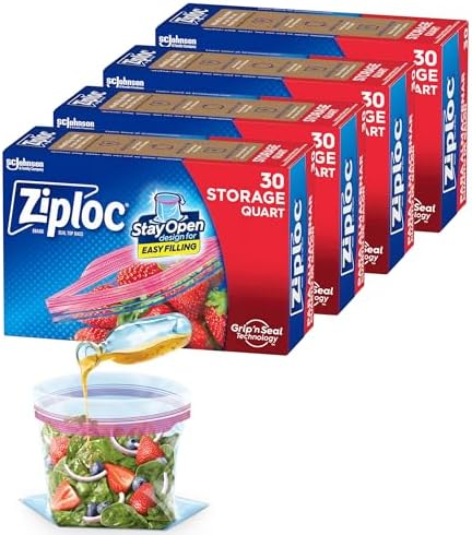 Ziploc Quart Food Storage Bags, Stay Open Design with Stand-Up Bottom, Easy to Fill, 120 Bags Total