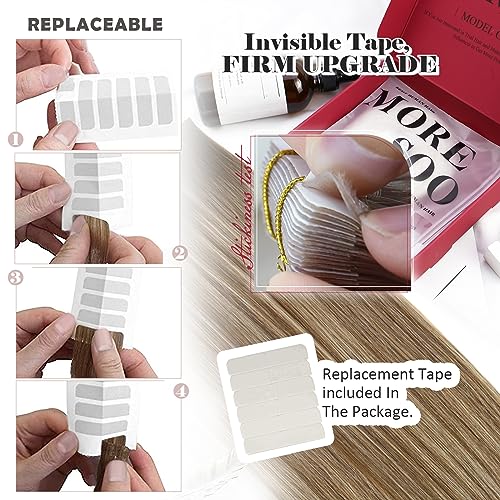Moresoo Human Hair Extensions Tape in Dark Brown to Medium Brown with Bleached Blonde Tape in Hair Extensions Human Hair 24 Inch Long Remy Straight #4/6/613 20pcs/50G - Image 4