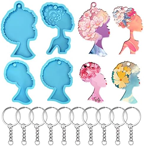 DANZOO 4 paquetes de moldes de resina de silicona, llavero afro femenino moldes de resina, cabeza de mujer africana, moldes de fundición de epoxi