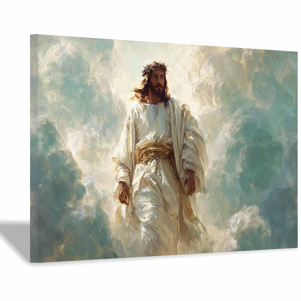 ZAMAEIU Jezus Chrystus w klasycznym stylu malarskim W chmurach stoi religijny nadruk na ścianę, dekoracja pokoju w salonie, sypialni, kościele, szpitalu (kolor niebieski), 30 x 50 cm, oprawiony