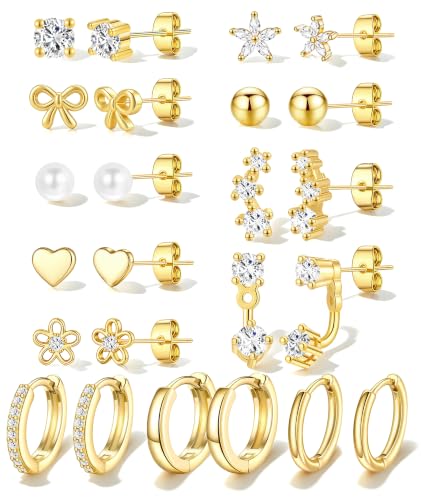 12 Pairs Small Stud Earrings Set, Hypoallergenic 14K Gold Plated Earrings - image 1