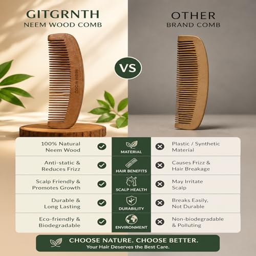 Image of GITGRNTH Neem Wood Hair Comb Combo Pack of 3 for Women & Men, Premium Handcrafted Wooden Comb with Fine Teeth, Anti Static Detangling Comb for Smooth Hair, Scalp Care & Frizz Control & Hair Breakage