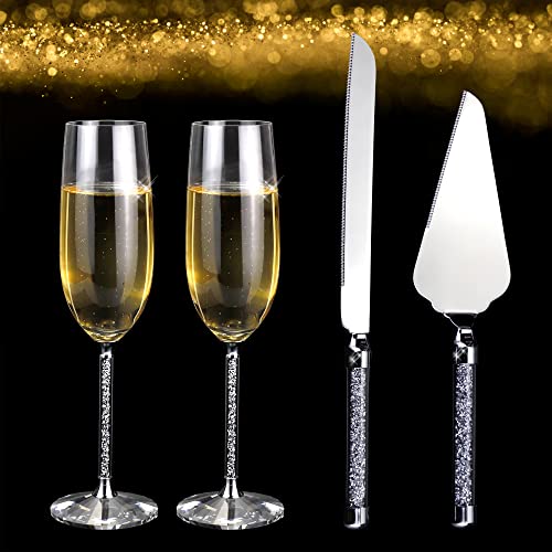 Wedding Cake Knife And Server Set, Luxury Crystal Champagne Flutes Glasses With Silver Diamond Handle, Cake Cutting Set For Wedding, Toasting Champagne Flutes For Bride And Groom, Mr And Mrs Gifts #TOP6