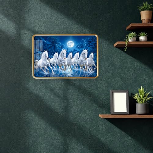 Image of Dharvika Innovations 7 Running Horses Photo Frame, Ultra High Gloss Lamination, Vastu Painting for Living Room, Office, 12x18 Inch (Design 20)