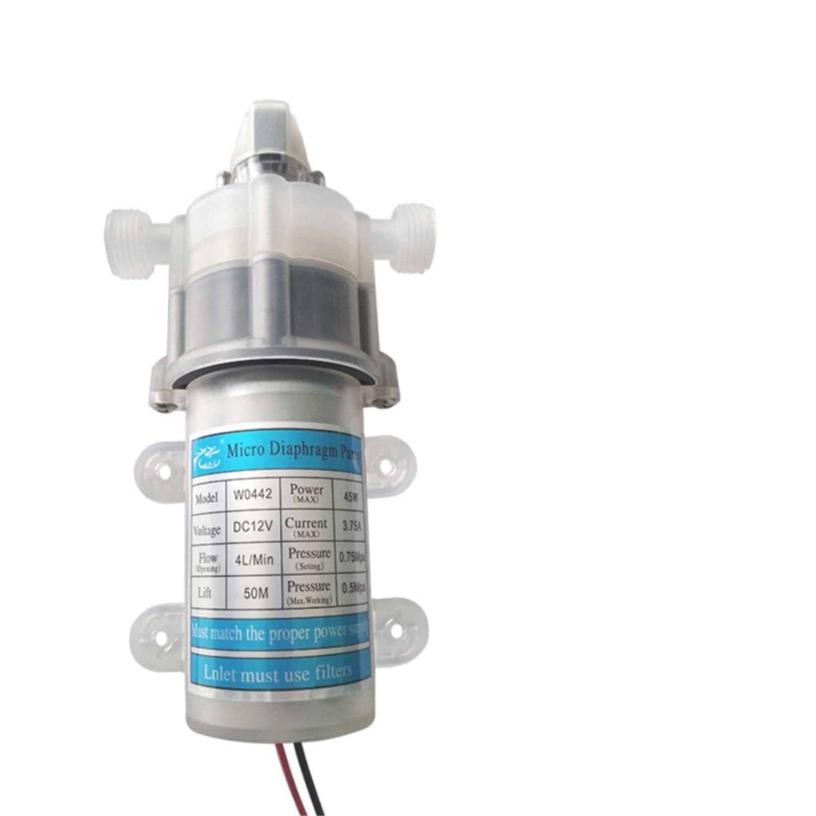 Bomba de diafragma de 12 V y 45 W, purificador de agua silencioso, bomba de agua autocebante de refuerzo de 4 l/min con presostato.