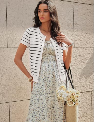 Image of GRACE KARIN Women Short Sleeve Cardigan, 2026 Summer Knitted Sweater Tops, Basic Crew Neck Crop Outfits