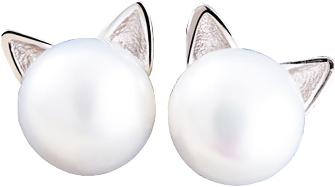 Pink Universe Sterling Silver Cute Meow Pearl Earrings Studs 2 pcs in 1 Pair with Gift Box