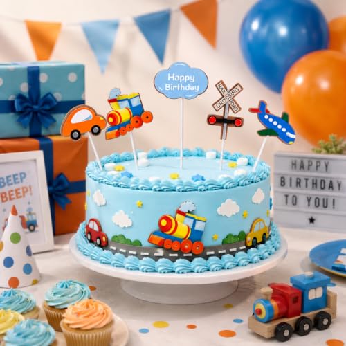 Image of Wanna Party Transport Theme Cake Topper Set - 5PC Happy Birthday Cake Decoration with Car, Train, Airplane, Railway Crossing & Cloud Topper for Kids Birthday Party, Vehicle Theme Cake Decor