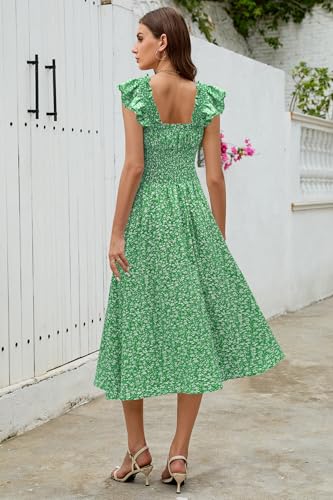 Image of Women's 2026 Spring Summer Floral Midi Dresses Square Neck Smocked Waist Beach Wedding Guest Long Flowy A Line Sundress