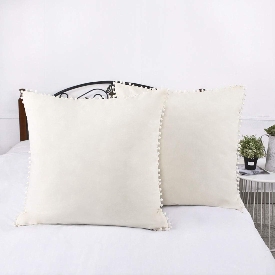 YINFUNG Off White Euro Sham Pom Pom Ivory 26×26 Large Pillow Covers Set of 2 Fringe European Shams Cream Beige Boho Chic Square Decorative Cute Ball Tassel Trimmed 100% Cotton Cute