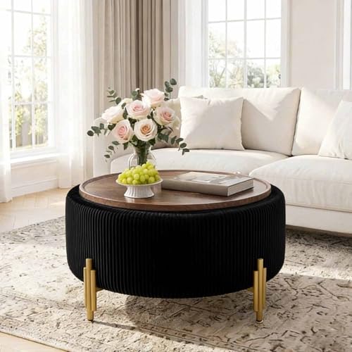 WROCFURSTAR 30 Round Storage Ottoman Coffee Table, Modern Velvet Upholstered Ottoman with Lid and Metal Legs for Living Room, Bedroom (Black)