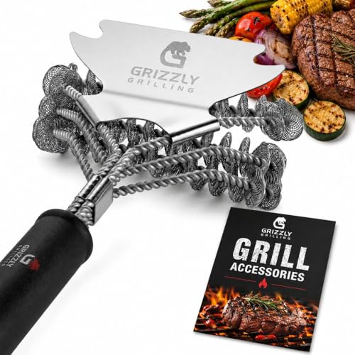 Grizzly Grilling Grill Brush and Scraper - Bristle Free Stainless Steel BBQ Cleaning Tool - No Wire Scrubber Best for Gas/Charcoal/Porcelain Grill Grates - Safe Barbeque Accessories