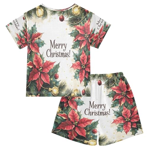 ALAZA Poinsettias Merry Christmas Ball Pajamas Set Short Sleeve Cotton Sleepwear Summer Pjs 2 Piece 5-14Y2