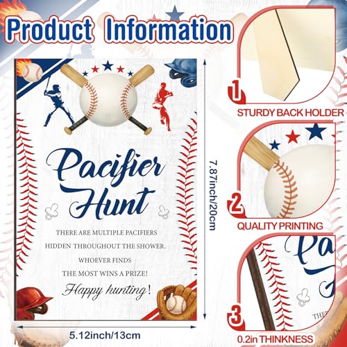Image of Thyle 51 Pcs Baseball Pacifier Hunt Baby Shower Games a Little Slugger Is on the Way Decoration Include Baseball Theme Hunt Sign and Acrylic Pacifiers Gift Sets for Sports Gender Reveal Party Decor