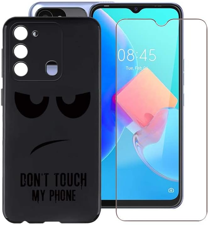 Phone Case for Tecno Spark 8C 6.6" with 1 X Tempered Glass Screen Protector, Shockproof Silicone Black Shell Slim Soft TPU Bumper Cover for Tecno Spark 8C - DUO5