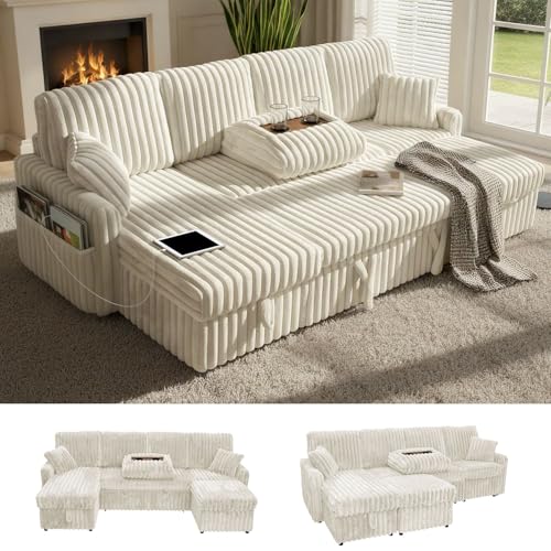 Image of KCGKCG 104 inch U Shaped Sleeper Sofa Bed, Pull Out Couches for Living Room | Pull Out Sofa Bed with Storage Chaise, Dual Cup Holders, Side Storage Pocket, Charging Station, Plush Corduroy Fabric