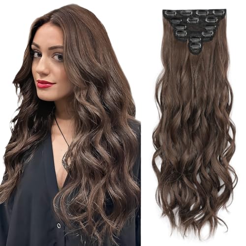 Clip in Hair Extensions 24 Inch 6PCS Wavy Long Hairpieces for Women