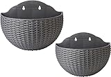 2 PCS Imitation Rattan Wall Hanging Planter,Semicircle Plastic Plant Baskets Container Flower Pot with Drainage and Hooks for Balcony Fence Wall Indoor Outdoor Home Office Decoration Gift(Grey)