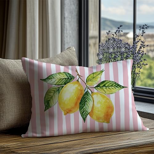 Image of Pink and Yellow Summer Italian Mediterranean Amalfi Coast Lemon Pillow Cover Decor 12x20,Italian Striped Decorative Throw Pillow Cover Decor for Couch Double-Sided