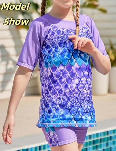 Image of Lovekider Girls Swimsuits Two Piece Rash Guard Set Short Sleeve Bathing Suit Liner Swimwear with Sun Protection 3-12T