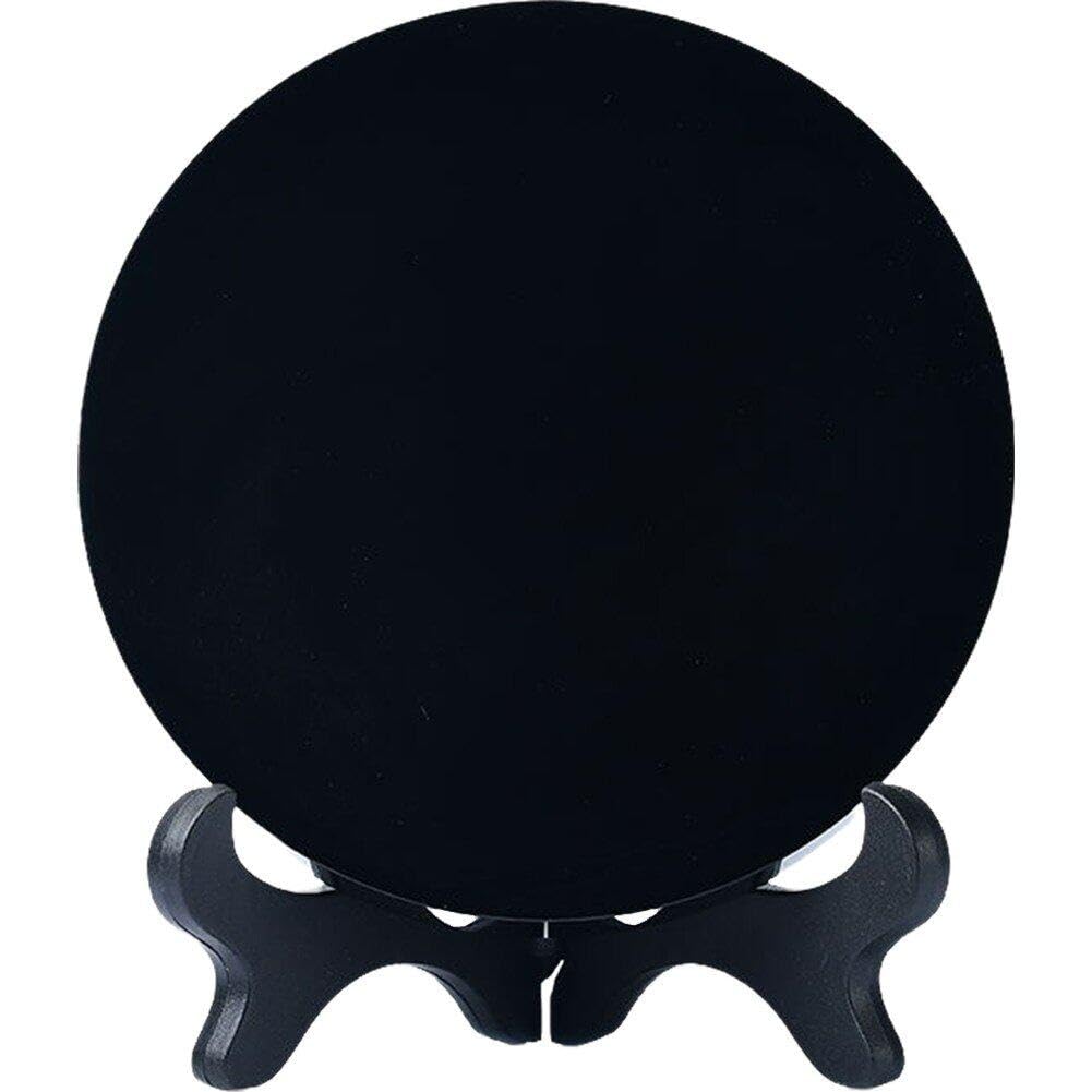 Disque en Obsidienne Noire Naturelle et son Support en Bois Miroir de Divination Feng Shui Luxe
