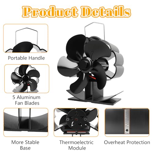 Suprbird Ventilatore Per Stufa 5 Pale, Ventilatore Per Camino, Protezione Dal Surriscaldamento, Ventilatori Per Stufe A Legna, Senza Corrente Silenziosa Ed Efficiente Per Camino/Pellet/Gas - 4