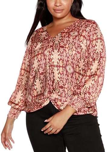 Belldini Women's Black Label Plus Size Ikat Printed Long Sleeve Top