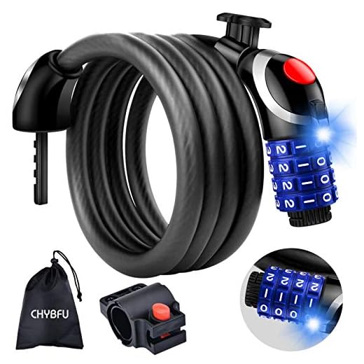CHYBFU Lucchetto per Bici, Lucchetti Cavo per Bicicletta Combinato con Luce a LED e Codice a 4 Cifre per Motociclette, Lucchetto Catena Bici Antifurto Lucchetto per Cavo di Sicurezza 120cmx12mm