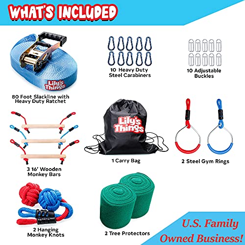 Double Ninja Slackline Obstacle Course For Kids - 80 Foot Line - Monkey Bars Playground Equipment - Ninja Warrior Course With Monkey Bars For Kids - Ninja Ropes Course - Patented Double Line Design #TOP4