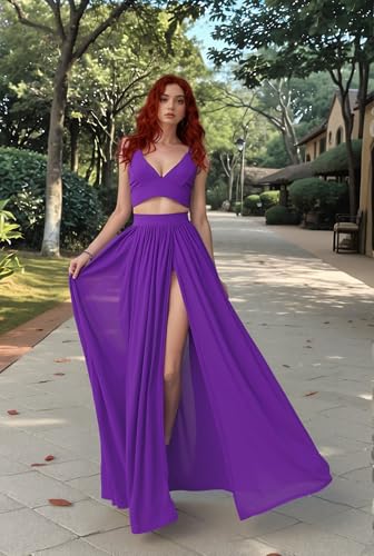 Image of Women Sexy 2 Piece Outfits Dress Chiffon Strap Deep V Neck Bra Crop Top High Split Maxi Dresses Skirt Set