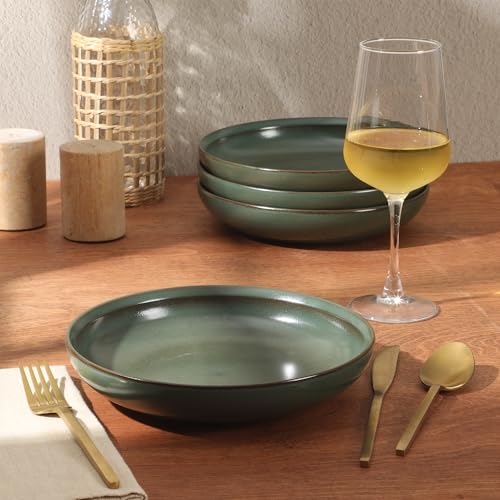 Image of Gibson Elite Beckett 4-Piece 9 Inch Dinner Plate Bowl Set - Reactive Glaze Stoneware - Shallow Serving Pasta Bowls (Blate) - Wide-Rim Round Shape - Microwave & Dishwasher Safe - Green